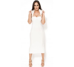 Vamp' white midi bandage dress with high collar